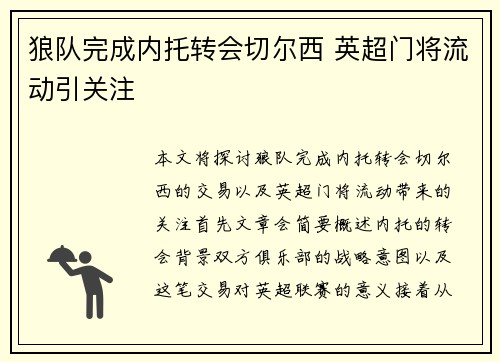 狼队完成内托转会切尔西 英超门将流动引关注