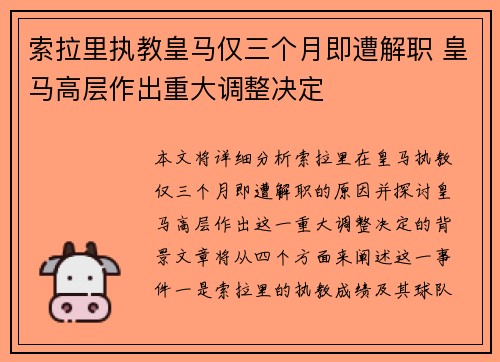 索拉里执教皇马仅三个月即遭解职 皇马高层作出重大调整决定